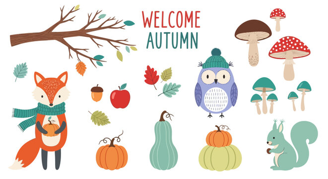 Autumn icons, fall elements, seasonal stickers, cartoon woodland animals, colorful graphics