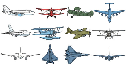 Airplane icons, aircraft symbols, flight vehicles, aviation illustrations, 12 planes © Adam