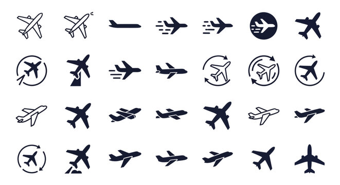 Airplane icons, aviation symbols, flight logos, 40 plane graphics