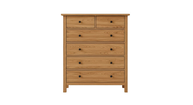 Tall natural oak chest of drawers with six drawers and black knob handles, minimalist design.