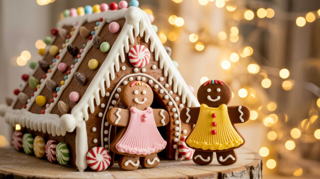A charming gingerbread house decorated with colorful candies and two happy gingerbread people stands in front of sparkling holiday lights