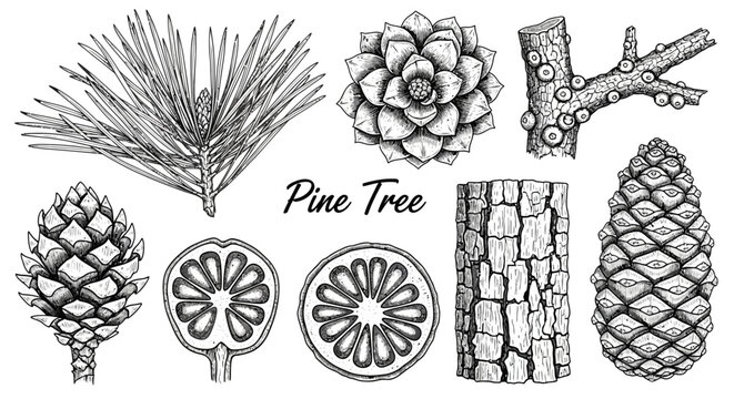 Pine tree, pinecone, branch, and trunk vector illustrations, black and white, line art, 8 elements