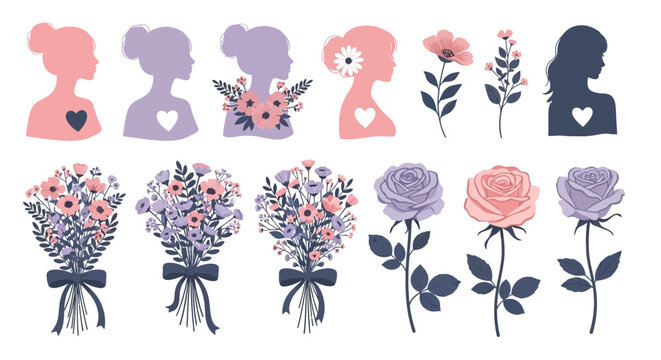 Mother's Day icons, floral bouquets, woman silhouettes, pink purple flowers, gift bows