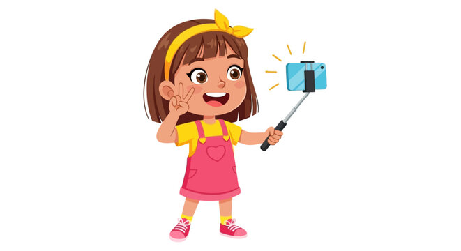 Cartoon girl taking selfie, happy child with smartphone, yellow and pink outfit, selfie stick vector illustration