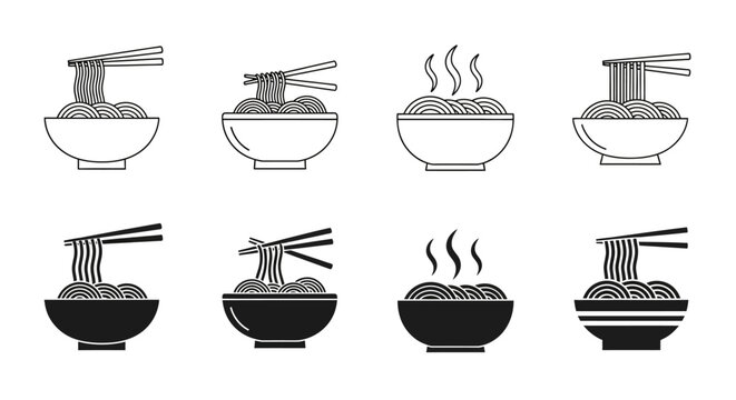 Noodle bowl icons, ramen bowl illustrations, Asian food symbols, vector chopstick graphics