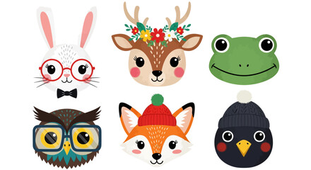 Fototapeta premium Cute animal faces, cartoon woodland creatures, colorful character icons, vector illustrations