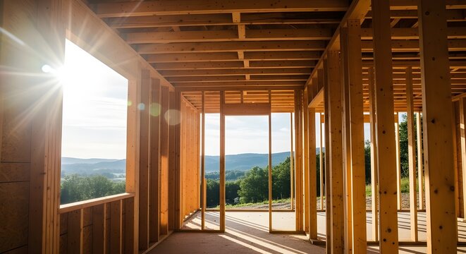Modern wooden house interior with large windows showcasing scenic mountain view at sunrise