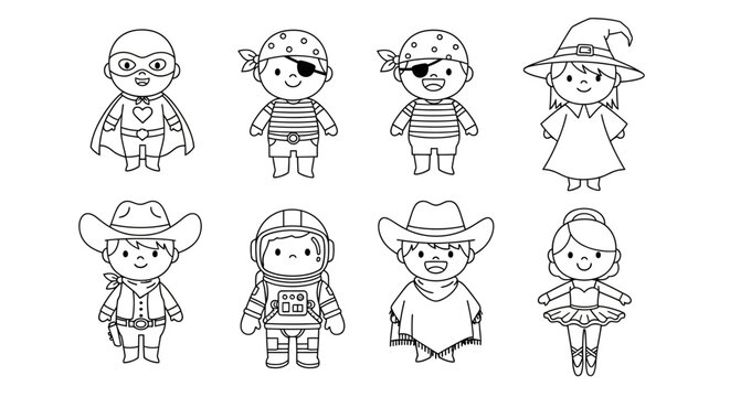 Halloween characters, cartoon kids costumes, line art illustrations, 8 icons set, black and white