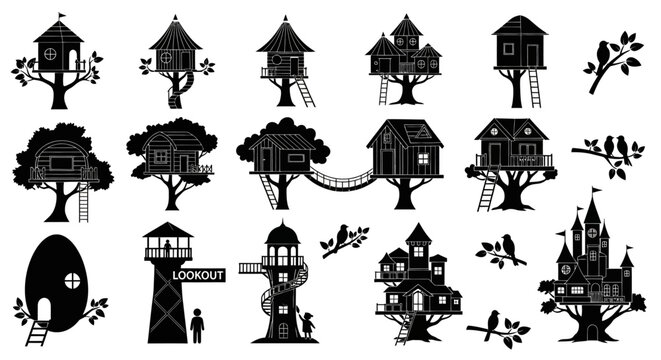 Treehouse, tree house, fantasy house, silhouette icons, black vector illustrations, 20 treehouses, treehouses set