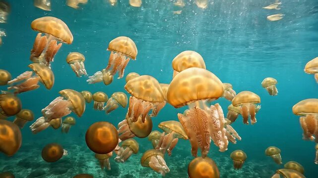 Vibrant underwater scene of a large school of orange jellyfish gracefully swimming in clear blue ocean water.