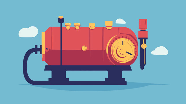 A stylized illustration featuring a red and yellow train engine with a blue sky background and clouds