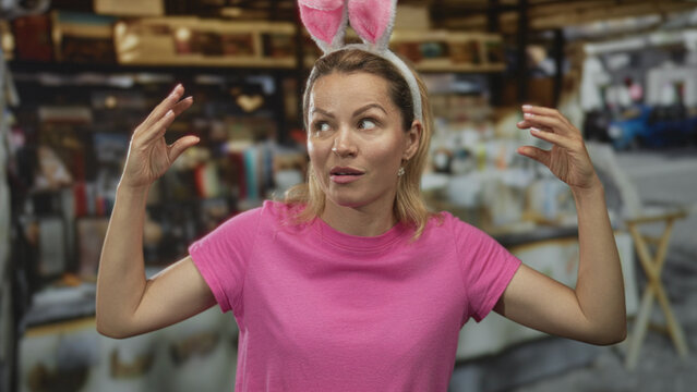 Woman wearing bunny ears and pink shirt gesturing with hands among souvenir stalls at street market; communication frustration.