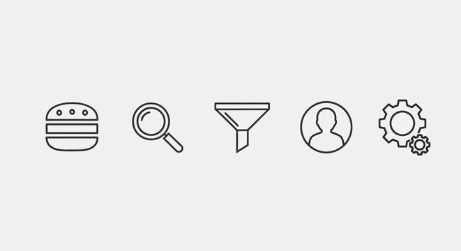 Set of modern interface icons for web design and mobile app development including hamburger menu, search magnifying glass, funnel filter, user profile, and settings gear on white background