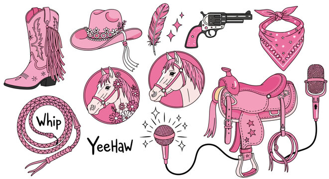 Pink cowgirl icons, western accessories, cartoon horse, country music elements, 20 vector graphics