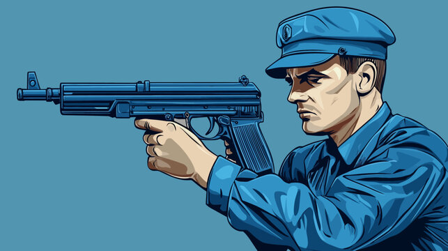 A determined figure in blue aims a gun, displaying a tense expression on a monochromatic background