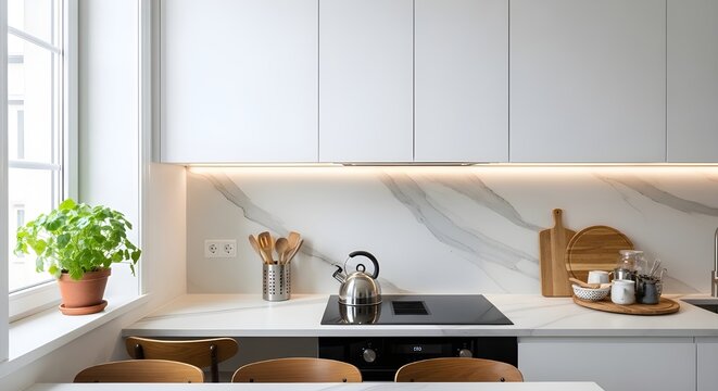 Modern kitchen with sleek induction cooktop and minimalist marble backsplash