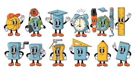 Obraz premium School, education icons set, 10 colorful cartoon characters, stationery and tools, teaching supplies, vector illustrations