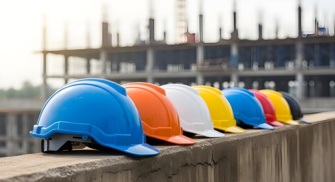 Row of colorful construction hard hats on concrete ledge at industrial site