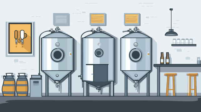 Illustration of a brewery interior with large tanks, stools, bar, bottles, and brewing equipment