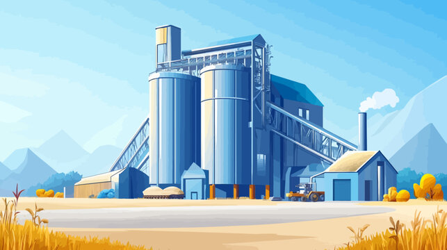 A vibrant illustration depicts a grain silo complex against a backdrop of distant mountains