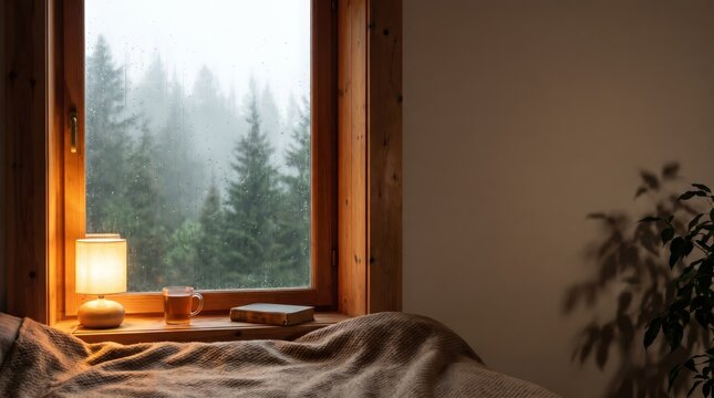Lofi Forest Cabin Background with Rainy Window and Misty Trees Copy Space