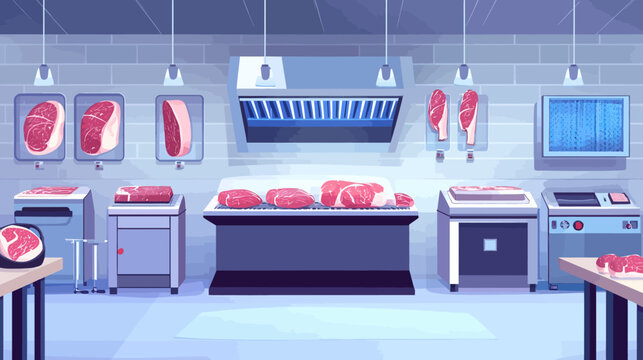 Pixelated artwork depicting a butcher shop. Sliced meat is displayed on countertops and in transparent displays
