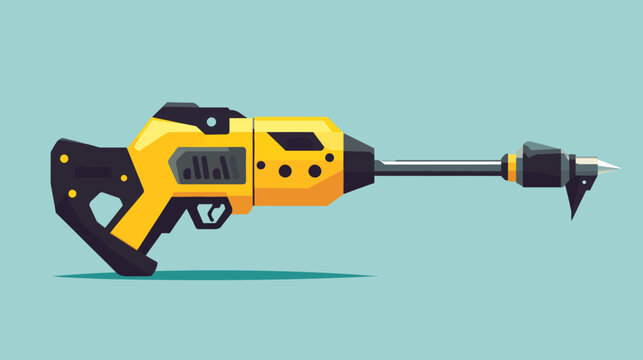 A cartoonish, brightly colored jackhammer-like tool on a light blue background