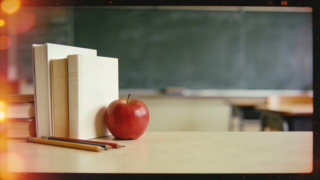 Back to school supplies on a desk with a chalkboard in the background