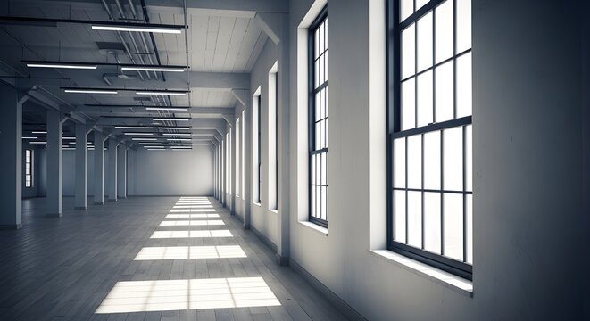 Empty modern office corridor with natural light and minimalist design in black and white