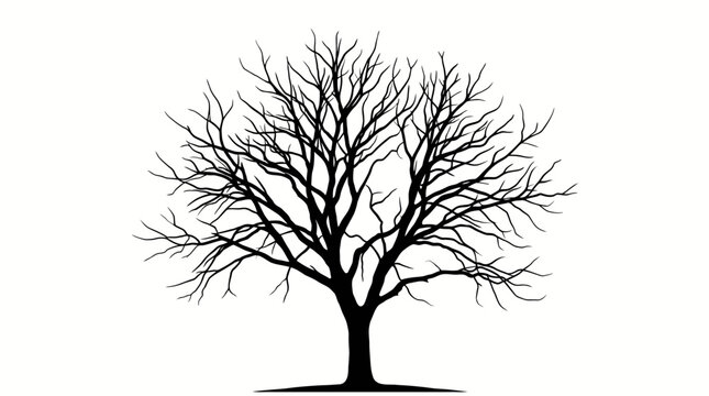 A bare tree stands alone in a field on a white background illustration.