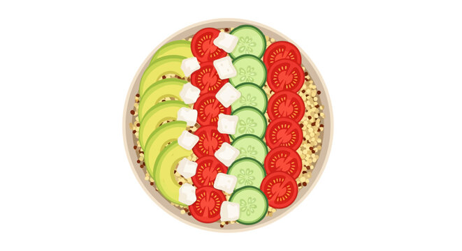 An overhead view of a bowl filled with quinoa topped with sliced avocado cucumber tomatoes and feta cheese.