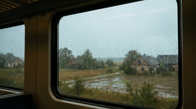 Lofi Rainy Train Window Background with Blurred View and Calm Moody Copy Space