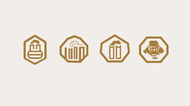 Four stylized industrial icons in octagon shapes, brown color, arranged horizontally on beige background