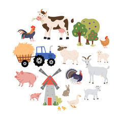 Obraz premium Circular set of farm animals, livestock, and agricultural elements including a tractor, windmill, and orchard trees. Ideal for educational materials, rural branding, and farming designs.