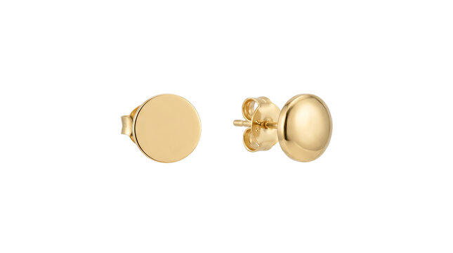 Minimalist round gold stud earrings isolated on white background. Elegant yellow gold jewelry pair for ecommerce catalog, retail marketing, and luxury fashion advertisement.