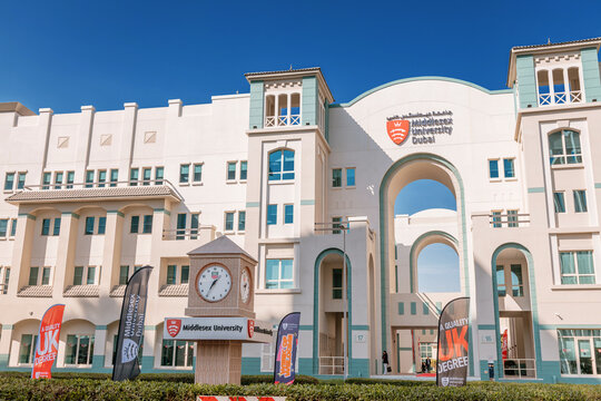 14 January 2026, Dubai, UAE: Middlesex University campus building with archway entrance and clock tower, representing higher education opportunity and learning
