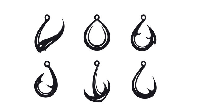Six black fishing hooks designs on white background, variations of curved metal shapes