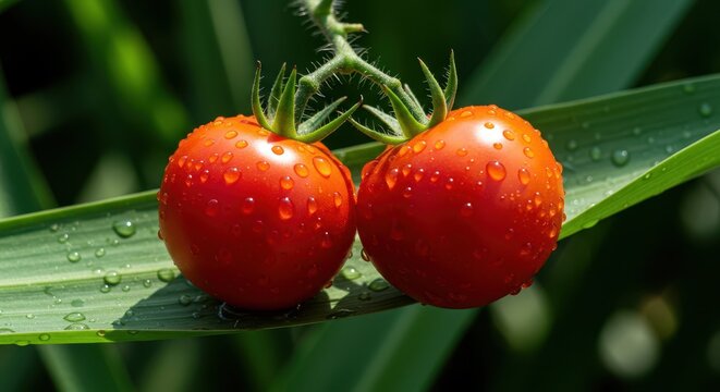 Prall gef&uuml;llte, leuchtend rote Tomaten reifen am gr&uuml;nen Strauch. Frische, gesunde Gem&uuml;sepflanzen im Sonnenlicht des Sommers, gr&uuml;n, Lebensmittel, Garten