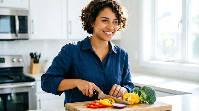 Smiling young woman preparing healthy salad in a bright kitchen, lifestyle wellness concept.