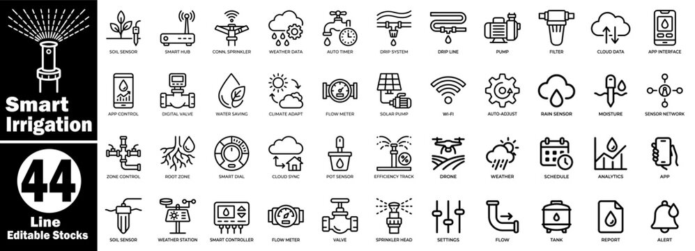 Smart irrigation line icons collection. Featuring automatic sprinkler systems, water management technology, agriculture sensors, digital valves, and weather data.