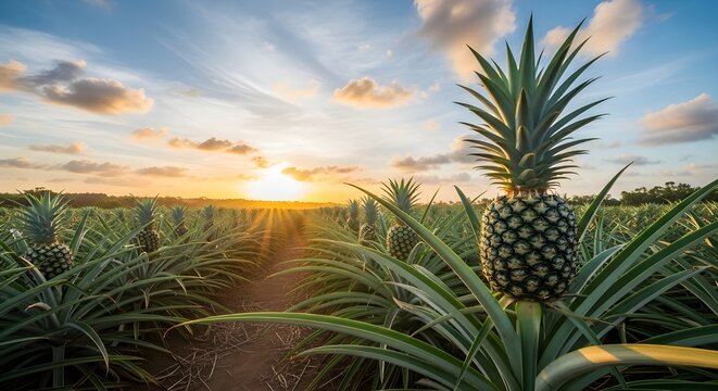 Pineapple plantation at sunrise with golden light and tropical sky
