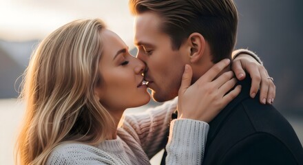 Naklejka premium Young couple kissing outdoors showing love and intimacy