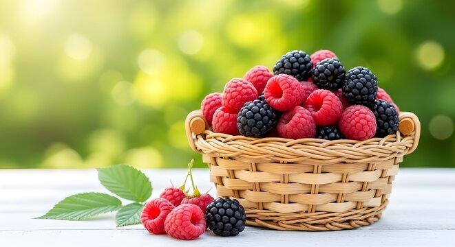 Fresh mixed berries in woven basket on white wooden table with green leaves background