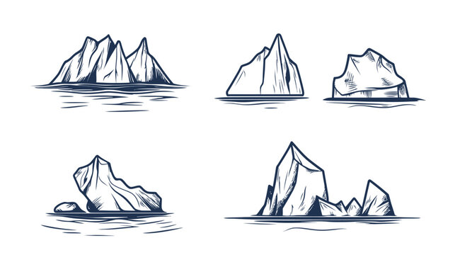 Collection of stylized icebergs floating on water, sketched with dark navy lines on a white background