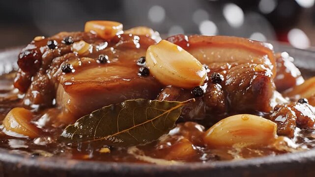 Delicious Braised Pork Belly with Garlic and Spices.