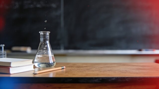 Back to school science lab setup with flask and books on desk