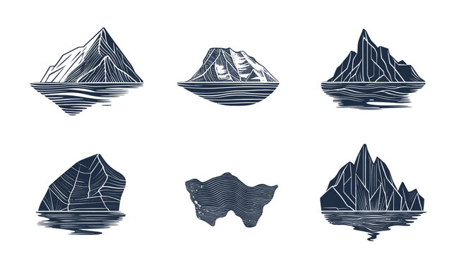 Six stylized illustrations of icebergs reflecting in water, in varying shapes and line styles