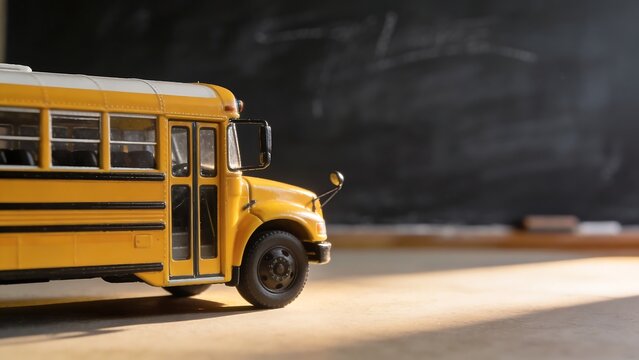 Back to school yellow bus model in front of a blackboard with chalk