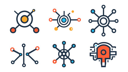 Naklejka premium Collection of stylized, colorful interconnected node graphics with circles and lines on white