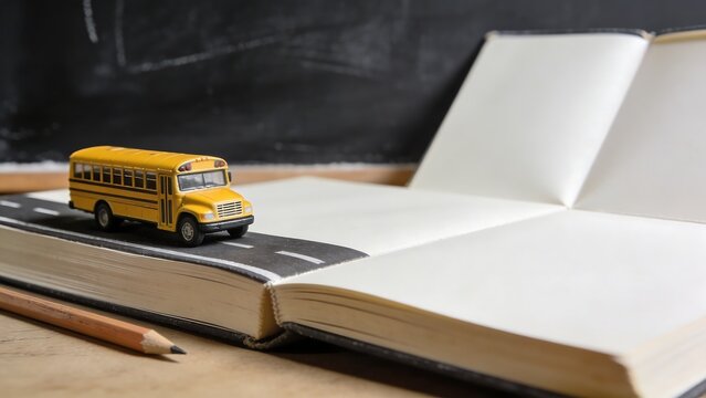 Back to school concept with toy bus on open book and pencil